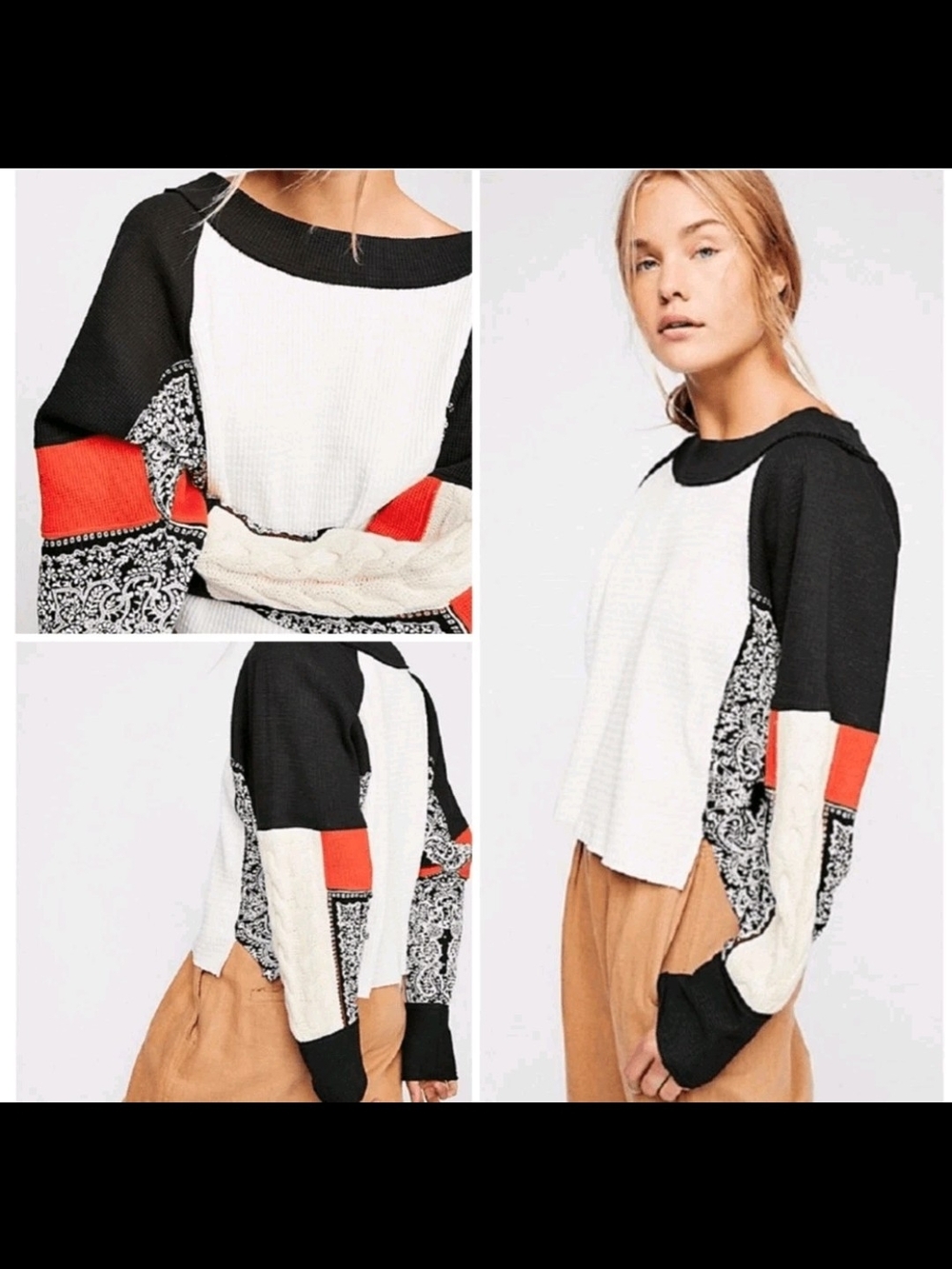 Free People Ribbed Waffle Pullover in Cream with Black Trim